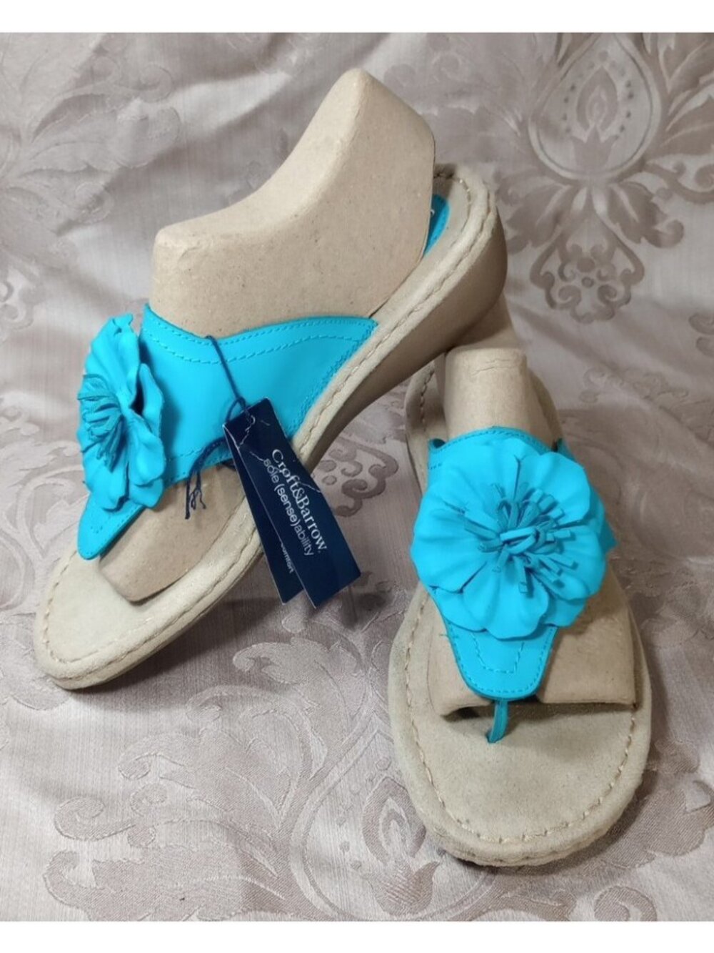 Croft & Barrow Leather Sandals 9.5M Teal Flower Slip-On Thong Flip Flops - Picture 2 of 11